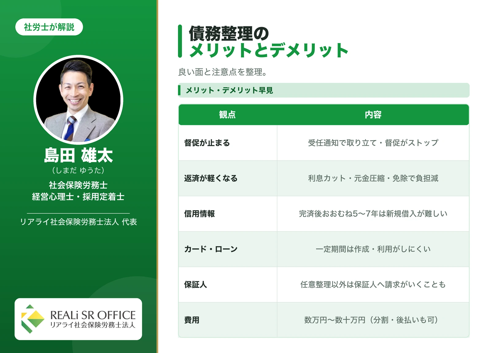 債務整理のメリットとデメリット早見表