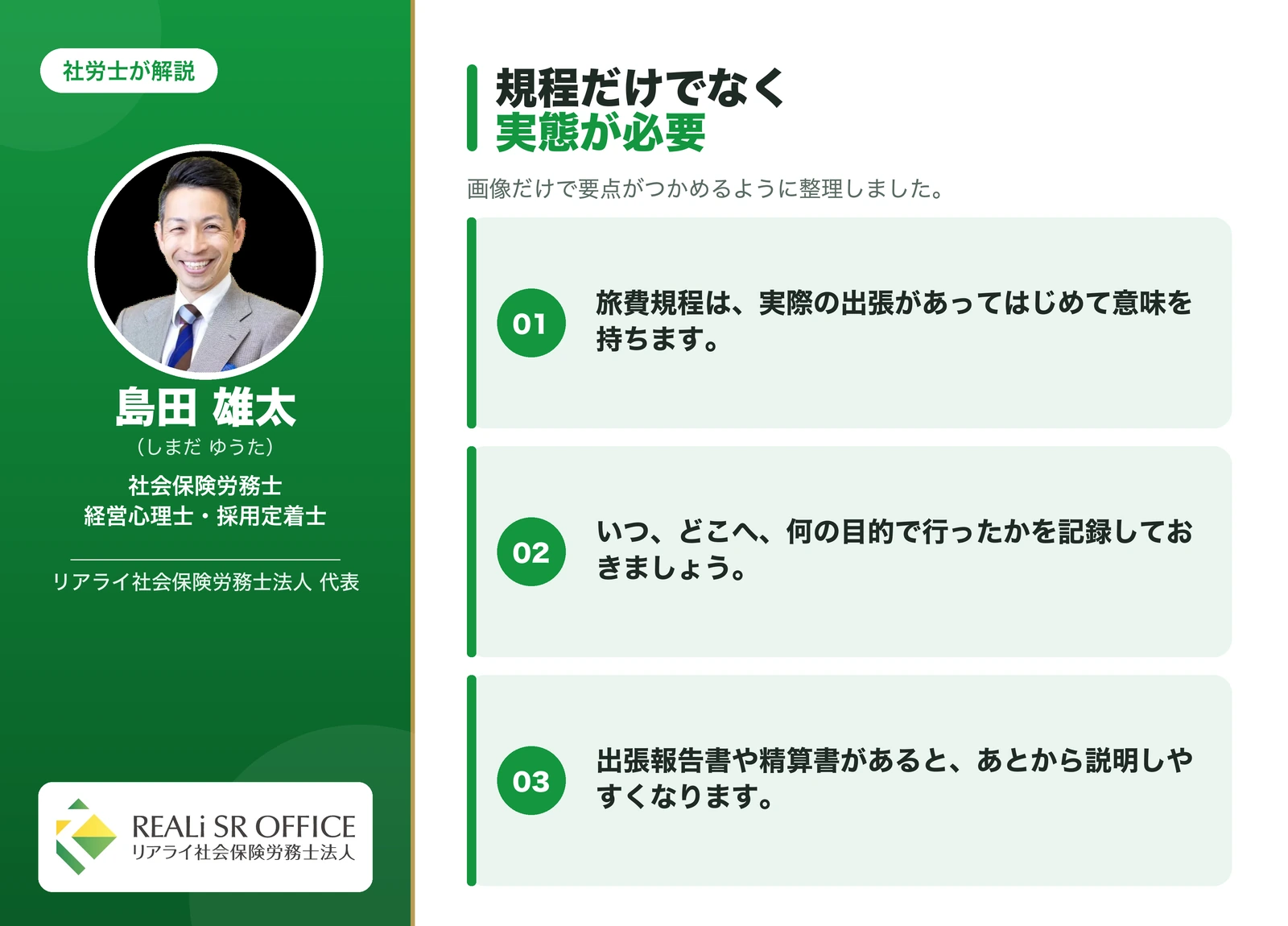 出張旅費規程 「実際に出張している」という実態が前提の要点図解