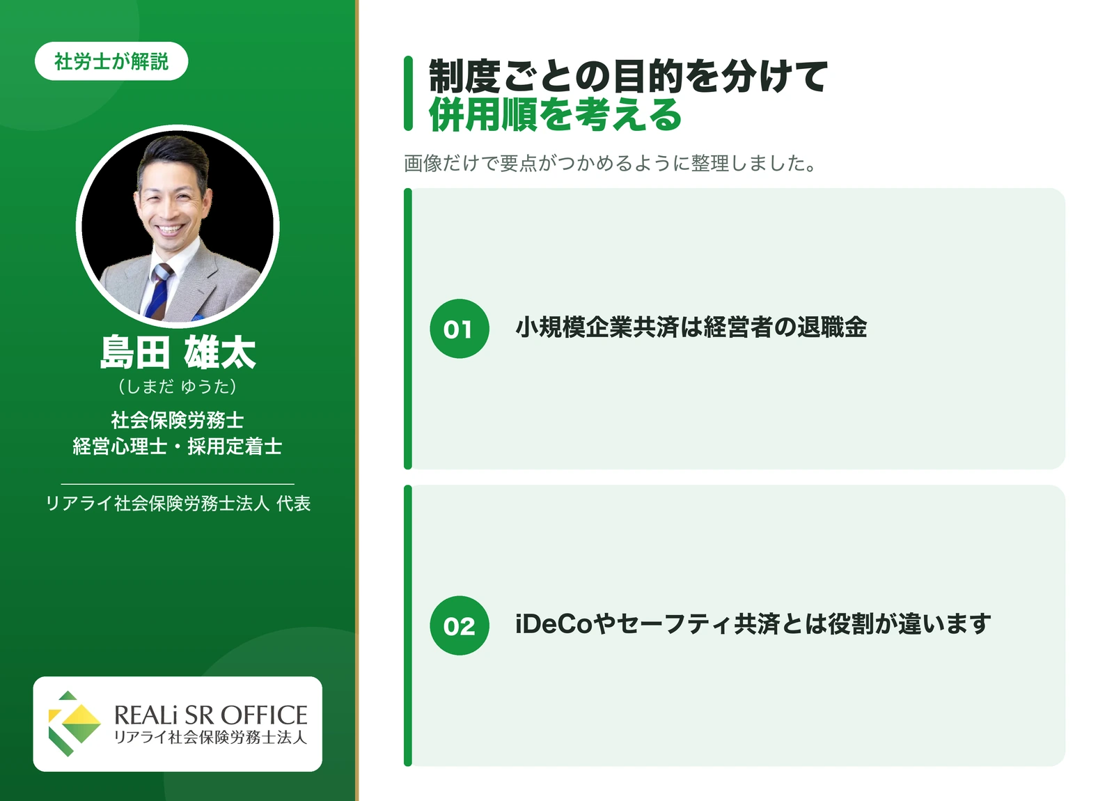 小規模企業共済 iDeCo・経営セーフティ共済との比較と「併用の順番」の要点図解